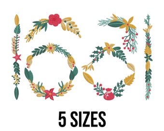 Könnte beinhalten: Illustration verschiedener weihnachtlicher Blumendesigns, darunter Kränze und dekorative Bordüren. Die Designs zeigen grüne Blätter, gelbe Akzente, rote Blüten und Beeren. Der Text "5 SIZES" wird in Schwarz angezeigt.