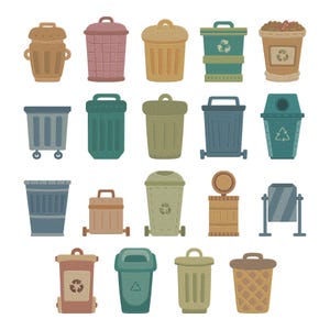 May include: An illustration of diverse waste bins in various colours and designs. The image showcases bins with lids, wheels, and recycling symbols. The colour scheme includes shades of brown, pink, green, blue, and yellow, offering a range of styles.