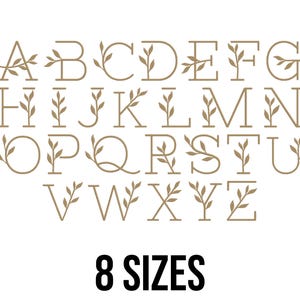 May include: A full alphabet in a serif font, each letter decorated with a delicate leaf design. The letters are in a warm brown colour and are displayed against a white background. The text "8 SIZES" is at the bottom.