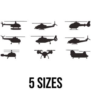 Könnte beinhalten: Schwarze Silhouetten verschiedener Hubschrauber vor weißem Hintergrund. Das Bild zeigt verschiedene Hubschraubermodelle, darunter eine Drohne. Der Text "5 SIZES" befindet sich unten.