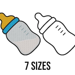 Puede incluir: Un contorno en blanco y negro de un biberón con una versión rellena del biberón en amarillo, azul y gris. El texto "7 SIZES" está debajo de los biberones.