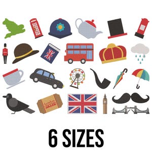 May include: A collection of embroidered British-themed icons, including a red telephone booth, a double-decker bus, a crown, and a Union Jack flag. The text "6 SIZES" is displayed below the icons.