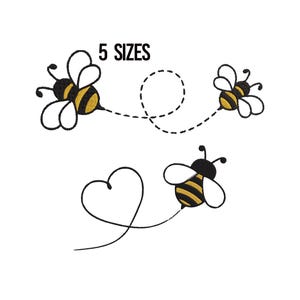 May include: Illustration of three cartoon bees with black and yellow striped bodies and white wings. One bee flies in a dotted line, another flies in a heart shape, and the text "5 SIZES" is above the bees.