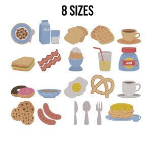 Frukostmatbroderidesign - Mjölkbröd, kakor, smörgås, te, kaffe, ägg, kringla, korv, set med maskinbroderidesignfiler - 8 storlekar