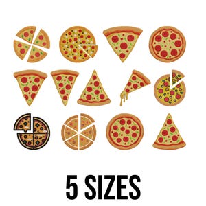 Puede incluir: Ilustración de varias porciones y pizzas enteras, con pepperoni rojo y ingredientes verdes sobre una corteza dorada. El texto "5 SIZES" se muestra en negrita, en negro, debajo de las imágenes de pizza.