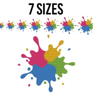 Puede incluir: Diseño de bordado de 7 TAMAÑOS de una salpicadura de pintura colorida. El diseño presenta cuatro colores: amarillo, rosa, azul y verde. La salpicadura tiene una forma circular con un borde irregular.