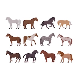 May include: A collection of twelve embroidered horse designs in various colors and patterns. The horses are depicted in different poses, including standing and trotting. Colors include white, brown, black, and tan.