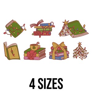May include: A collection of Christmas-themed book illustrations. The image features stacks of books adorned with festive elements like Christmas lights, bows, and a Christmas tree. A cup of cocoa with a candy cane is also present. The text "4 SIZES" is at the bottom.