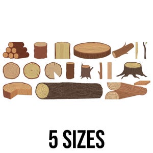 May include: An illustration of various wood elements, including logs, cross-sections, and stumps, in shades of brown and tan. The text "5 SIZES" is displayed in black at the bottom of the image. The image showcases a variety of wood shapes and sizes.