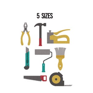 Puede incluir: Ilustración de varias herramientas: alicates, martillo, grapadora, cúter, rodillo de pintura, brocha, sierra y cinta métrica. El texto "5 SIZES" está en la parte superior. Las herramientas son amarillas, grises, rojas y turquesas.