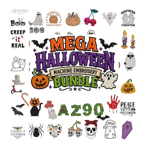 May include: A collection of Halloween-themed machine embroidery designs featuring ghosts, pumpkins, skulls, bats, spiders, and a coffin. The central text reads MEGA HALLOWEEN MACHINE EMBROIDERY BUNDLE, surrounded by various spooky icons and colorful motifs.