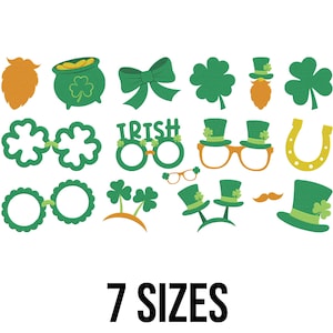 Könnte beinhalten: Eine Sammlung von Grafiken zum St. Patrick's Day in Grün, Gold und Orange. Enthält Kleeblätter, Koboldhüte, Brillen, einen Goldtopf, ein Hufeisen, eine Schleife und einen Bart. Der Text "7 GRÖSSEN" wird darunter angezeigt.