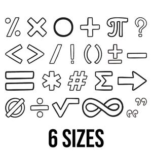 May include: Black and white line art of mathematical symbols including percentage, multiplication, plus, pi, question mark, less than, greater than, division, exclamation point, parentheses, plus/minus, minus, equal sign, asterisk, number sign, sigma, arrow, and more. The text "6 SIZES" is below the symbols.