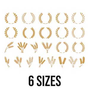 Könnte beinhalten: Eine Sammlung goldener Weizen- und Lorbeerkranz-Illustrationen auf weißem Hintergrund. Das Bild enthält verschiedene Designs von Weizenähren und kreisförmigen Kränzen. Der Text "6 SIZES" wird unten in fetter schwarzer Schrift angezeigt.