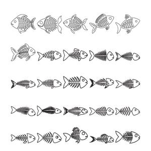 May include: A collection of black and white fish skeleton illustrations. The image features various fish bone structures in different sizes and styles, arranged in rows. The designs are simple and graphic, suitable for educational or decorative purposes.