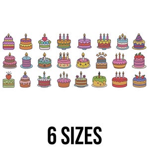Puede incluir: Una colección de coloridas tartas de cumpleaños estilo dibujos animados con velas encendidas. Cada tarta tiene un diseño único, con varias formas, colores de glaseado y decoraciones. El texto "6 SIZES" se muestra en negrita, en negro, en la parte inferior de la imagen.