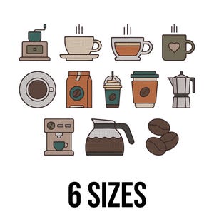 May include: A collection of coffee-themed illustrations, including a coffee grinder, cups, a coffee bag, a to-go cup, a coffee maker, a coffee pot, and coffee beans. The text "6 SIZES" is displayed below the illustrations.