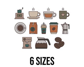 Kaffee Set Stickdatei - Kaffeebohnen Stickdatei - Kaffeetasse Stickdatei - Mini Stickdatei - 6 Größen
