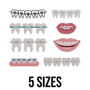May include: An image featuring various embroidered dental braces and teeth designs in white, blue, and pink. The text "5 SIZES" is displayed in bold, black font at the bottom of the image. The designs include different styles of braces and teeth arrangements.