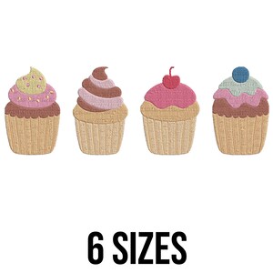 May include: Four colorful cupcake illustrations with various frosting and topping designs. The cupcakes have brown, tan, pink, and green frosting, with a cherry and sprinkles. The text "6 SIZES" is displayed below the cupcakes.