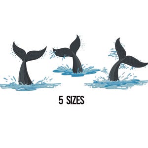 Pode incluir: Três designs estilizados de caudas de baleia em cinza escuro, emergindo da água azul com respingos. O texto "5 SIZES" está abaixo. As caudas estão em posições diferentes, sugerindo movimento.