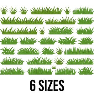 May include: A collection of green grass illustrations in various shapes and sizes, perfect for digital design projects. The image features multiple grass clumps and rows, with the text "6 SIZES" at the bottom, indicating different size options for the grass graphics.