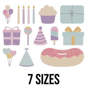May include: A collection of colorful birthday-themed illustrations, including balloons, candles, a cupcake, gift boxes, a lollipop, a party hat, an ice pop, and a donut. The text "7 SIZES" is displayed below the illustrations.