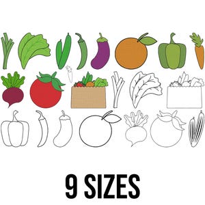 Peut inclure: Illustration colorée de légumes, dont une tomate, une orange, une aubergine et une carotte. Le texte "9 SIZES" est affiché en gras, en noir, au bas de l'image. Les légumes sont soulignés en noir.