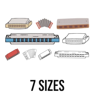 May include: An illustration of several harmonicas and accordions in various colours, including red, beige, and blue. The text "7 SIZES" is displayed below the musical instruments.