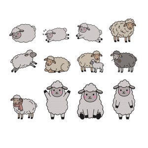 Pode incluir: Uma coleção de doze ilustrações de ovelhas em estilo cartoon em várias poses, incluindo em pé, saltando, dormindo e sentadas. As ovelhas são representadas em tons de branco, creme e cinza, com linhas simples, bochechas rosadas e cascos escuros.