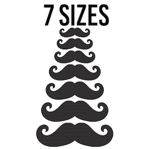 May include: Seven black felt mustaches of varying sizes, arranged in a pyramid shape. The text "7 SIZES" is at the top of the image.