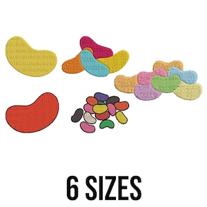 Op de afbeelding: Een afbeelding met geborduurde jelly bean-ontwerpen in verschillende kleuren en maten. De bonen zijn geel, rood, oranje, blauw, roze, groen en paars. De tekst "6 SIZES" wordt in vette, zwarte letters onderaan de afbeelding weergegeven.