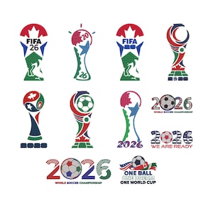 May include: A collection of twelve embroidered designs featuring FIFA 26, 2026, and World Soccer Championship logos. The graphics include stylized trophy shapes, soccer balls, and text elements in red, white, blue, and green thread colors.