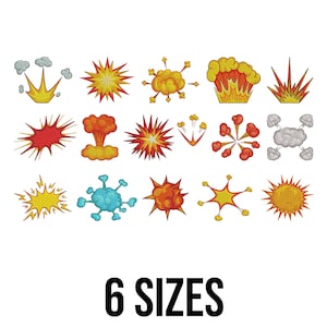 May include: A collection of colorful, embroidered comic book-style explosion designs. The designs include various shapes and colors, such as yellow, red, orange, and blue. The text "6 SIZES" is displayed in black at the bottom of the image.