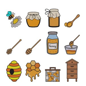 Pode incluir: Uma coleção de doze ícones bordados apresentando uma abelha numa margarida, potes de mel com coberturas de tecido, uma colher de pau com mel, colheres de mel, um pote de vidro com o rótulo honey, uma tigela, uma colmeia e um apiário de madeira.