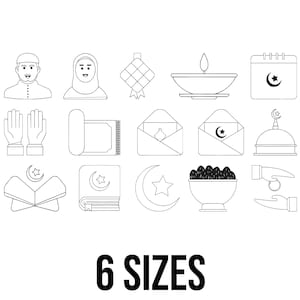 May include: A set of black and white line art icons depicting Islamic symbols and objects. The icons include a man, a woman in a hijab, a woven ornament, a candle, a calendar, praying hands, a prayer mat, envelopes, a mosque, a book, a crescent moon, a bowl of dates, and hands. The text "6 SIZES" is at the bottom.