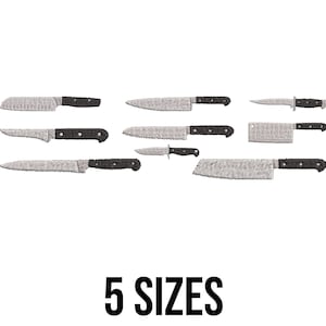 May include: An assortment of embroidered knives with black handles and textured blades. The image displays various sizes and styles of knives, including a cleaver and a paring knife. The text "5 SIZES" is displayed below the knives.