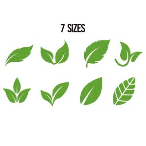 May include: A white background with seven green leaf designs. The text "7 SIZES" is above the leaves. The leaves vary in shape and style, with some appearing as single leaves and others as clusters.