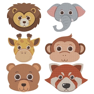 May include: Six colorful animal faces with embroidered details. The animals are a lion, elephant, giraffe, monkey, bear, and red panda.