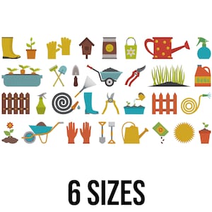 Puede incluir: Una colección de iconos de jardinería coloridos, que incluyen botas, guantes, pajareras, regaderas y herramientas. El texto "6 SIZES" se muestra en negrita, en fuente negra en la parte inferior de la imagen. Los iconos están dispuestos sobre un fondo blanco.