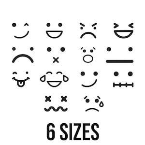 May include: A collection of black and white emoji faces, each expressing a different emotion. The image includes a variety of expressions, such as smiling, sad, angry, and laughing. The text "6 SIZES" is displayed below the emojis.