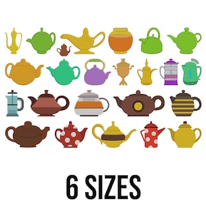 May include: A collection of embroidered teapots in various colors and styles, including yellow, green, brown, and red. The image features a variety of teapot designs, with the text "6 SIZES" at the bottom.