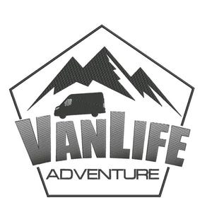May include: A black and gray embroidered patch featuring a van silhouette, mountains, and the words "VANLIFE ADVENTURE." The design is enclosed within a pentagon shape, suitable for outdoor enthusiasts and travel lovers.