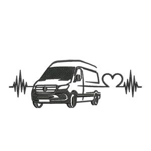 May include: Black and white embroidered design of a van with a heartbeat line and a heart symbol. The van is a detailed illustration, and the heartbeat line extends from both sides of the van, creating a unique graphic.