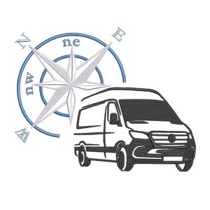 Könnte beinhalten: Gesticktes Design mit einem weißen Transporter mit schwarzen Details, neben einer Windrose. Die Windrose hat einen blauen Ring mit Richtungsanzeigern und ein zentrales Sterndesign.