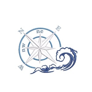 May include: A nautical-themed design featuring a white compass rose with directional labels, encircled by a blue ring. A stylized blue wave design is adjacent to the compass. The design is set against a white background.