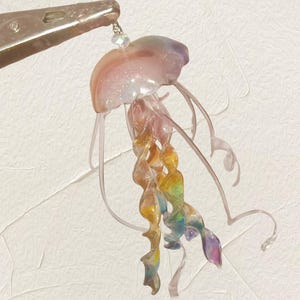 Original long-style earrings featuring clear handmade jellyfish earrings with ear clips, Japanese-style creative resin earrings.