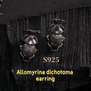 Puede incluir: Un par de pendientes plateados con forma de escarabajos. Los pendientes tienen alas y patas detalladas. El texto "S925" y "Allomyrina dichotoma earring" son visibles.