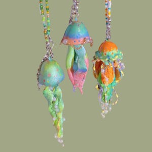 Original long-style earrings featuring clear handmade jellyfish earrings with ear clips, Japanese-style creative resin earrings.