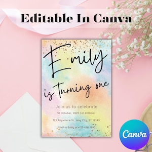 Editable Rainbow Birthday Invitation: Pastel Girl Birthday Card (5x7 Canva Template)